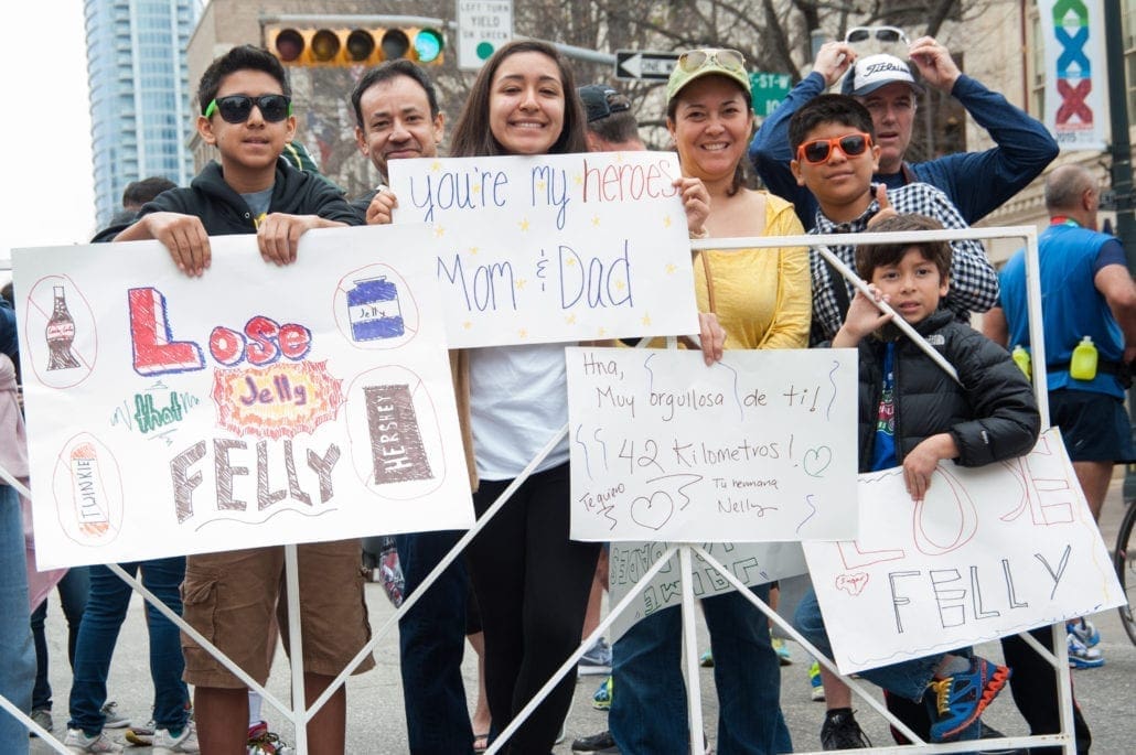Austin Marathon best crowd support and sign contest. Cheering Fans along austin marathon half marathon adn 5k course
