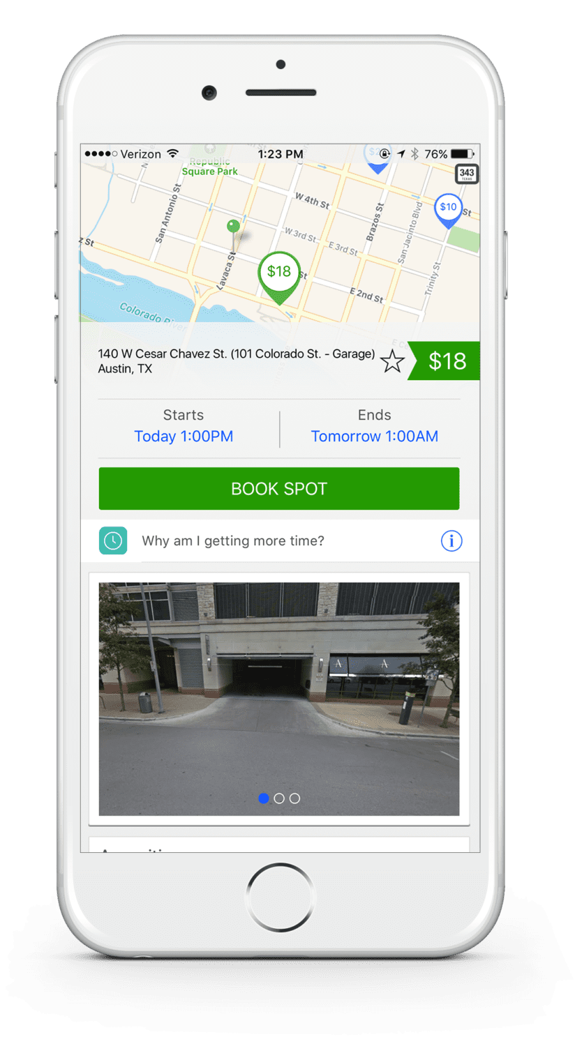 Mobile parking app showing $18 garage spot Mobile parking app showing $18 garage spot