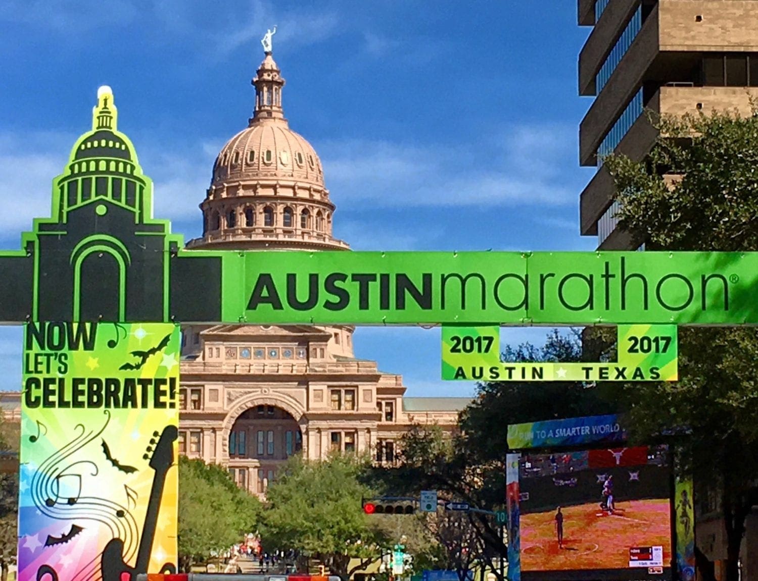 Austin Marathon banner in front of Texas Capitol