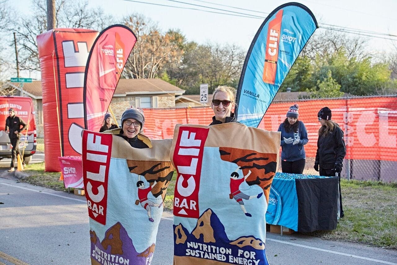 Two people dressed as Clif Bar wrappers Two people dressed as Clif Bar wrappers