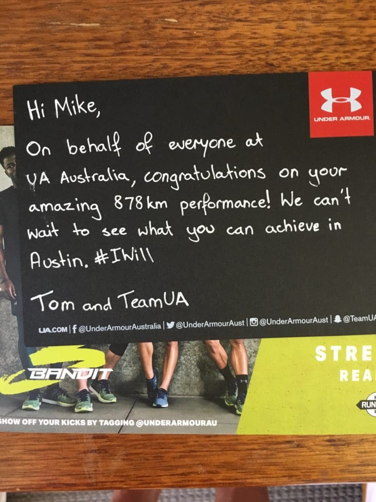 Under Armour handwritten congratulatory card and shoes
