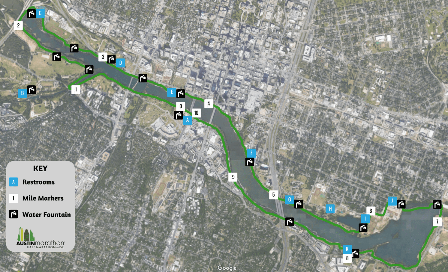 Austin Marathon Map of Austin Town Lake Trail Restrooms Water Fountains