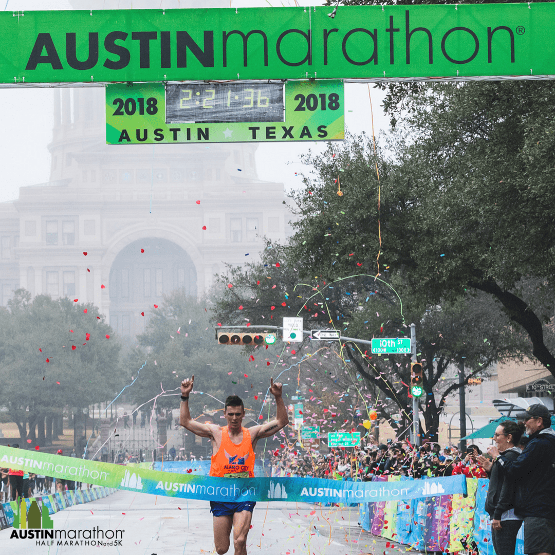 Joey Whelan crossing the 2018 Austin Marathon finish line. Joey Whelan crossing the 2018 Austin Marathon finish line.