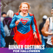 Woman running in Supergirl costume for Halloween
