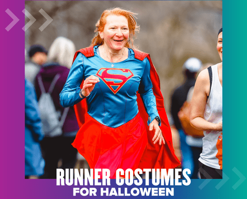 Woman running in Supergirl costume for Halloween