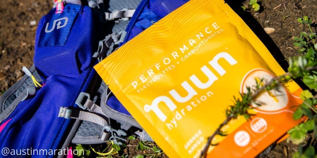 Nuun hydration packet on blue running vest