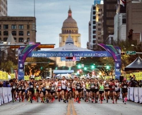 Runners take off at the start of the 2019 Ascension Seton Austin Marathon. Austin’s flagship running event contributed $48.5 million to the Austin economy. Runners take off at the start of the 2019 Ascension Seton Austin Marathon. Austin's flagship running event contributed $48.5 million to the Austin economy.