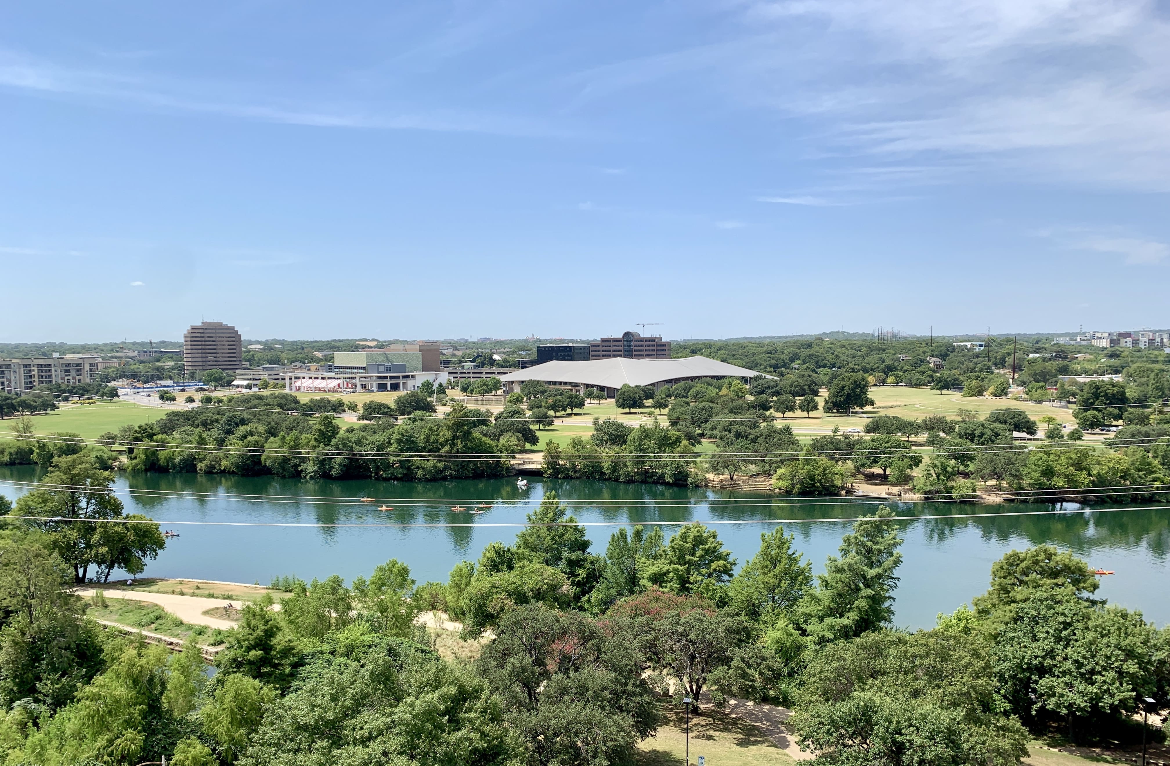 View from the top floor of the Austin Central Library, located near Miles 6-13 of the Austin Marathon course.