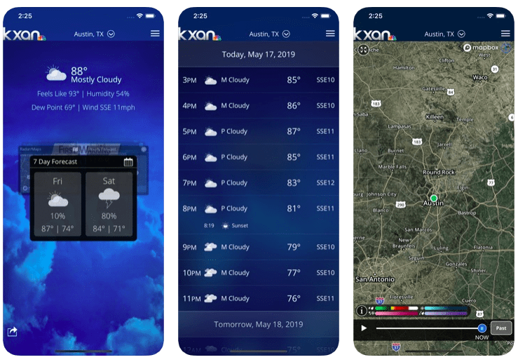 Screenshots of the KXAN Weather app, which runners should check before running in the rain.
