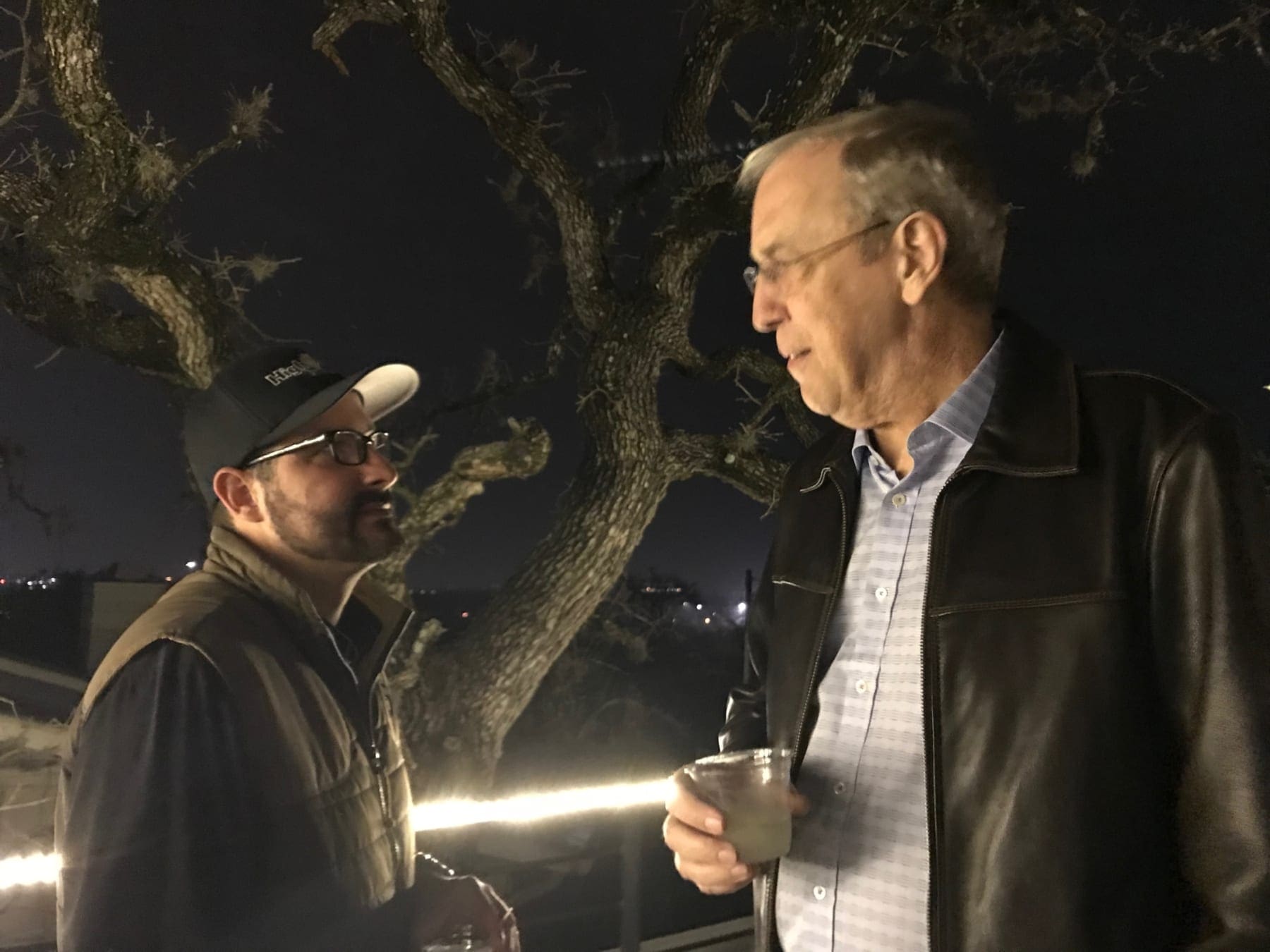 Image of Jack Murray and Joe Priesnitz chatting after the 2017 Austin Marathon.