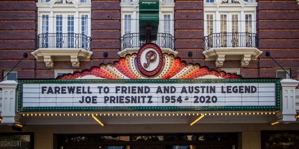 Image of Paramount Theatre marquee saying farewell to Joe Priesnitz. Courtesy of Bells and Whistles.