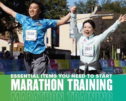 Couple raises hands in the air while crossing the 2020 Ascension Seton Austin Marathon finish line. Text in design reads Essential Items You Need to Start Marathon Training. Learn more at https://youraustinmarathon.com/items-to-start-marathon-training