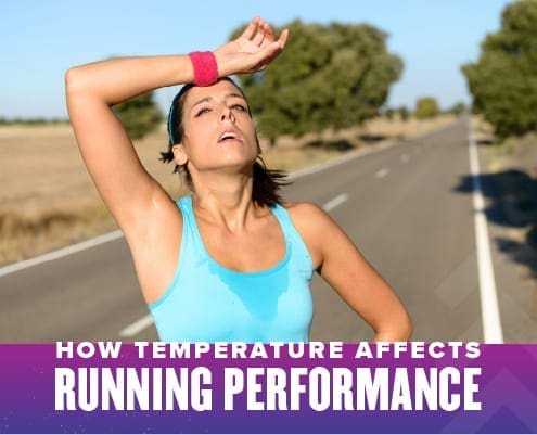 Female runner wipes sweat from her forehead with a wristband during a run. Text on design reads How Temperature Affects Running Performance. Learn more at https://youraustinmarathon.com/temperature-affects-running-performance/
