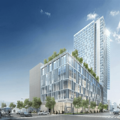 Modern glass mixed-use high-rise with greenery Modern glass mixed-use high-rise with greenery