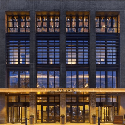 Van Zandt hotel illuminated entrance at dusk Van Zandt hotel illuminated entrance at dusk