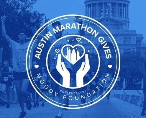 Runners cross the 2020 Austin Marathon finish line with the Texas State Capitol in the background. Overlaying the image is the new logo of Austin Marathon Gives, the Austin Marathon's philanthropic program. Learn more at https://youraustinmarathon.com/austin-marathon-gives/