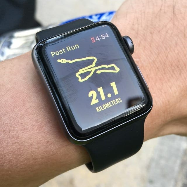 Smartwatch displaying 21.1 km post-run route
