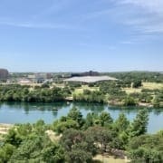 Riverfront park with trees and distant buildings