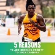 Runner sprints towards the Austin Half Marathon finish line. Text in design reads 5 Reasons to Add Running Variety to Your Training. Learn more at http://48d.435.myftpupload.com/important-to-add-running-variety/ Runner sprints towards the Austin Half Marathon finish line. Text in design reads 5 Reasons to Add Running Variety to Your Training. Learn more at http://48d.435.myftpupload.com/important-to-add-running-variety/