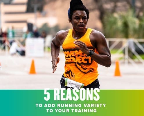 Runner sprints towards the Austin Half Marathon finish line. Text in design reads 5 Reasons to Add Running Variety to Your Training. Learn more at http://48d.435.myftpupload.com/important-to-add-running-variety/