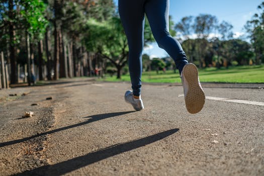 Close-up of runner's shoes on park path