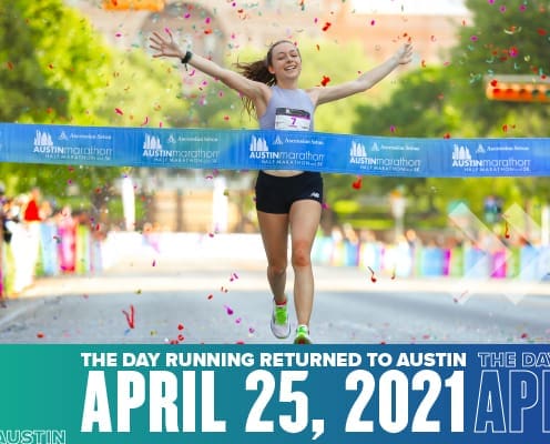 Michelle Murray, 2021 Austin Half Marathon female champion, crosses the finish line on April 25th. Text on design reads The Day Running Returned to Austin. Read more at http://48d.435.myftpupload.com/successful-return-to-running/