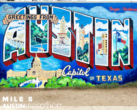 Postcard-style Greetings from Austin mural with Capitol