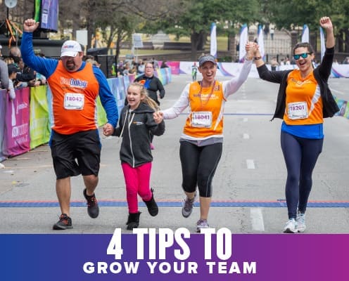 Members of a team hold hands as they cross the Austin Half Marathon finish line together. Text on design reads 4 Tips to Grow Your Team. Learn more at http://48d.435.myftpupload.com/4-tips-to-grow-your-team/