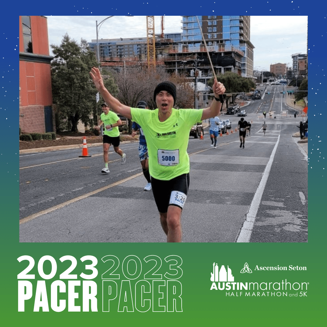 Pacer runner in neon shirt at Austin marathon Pacer runner in neon shirt at Austin marathon