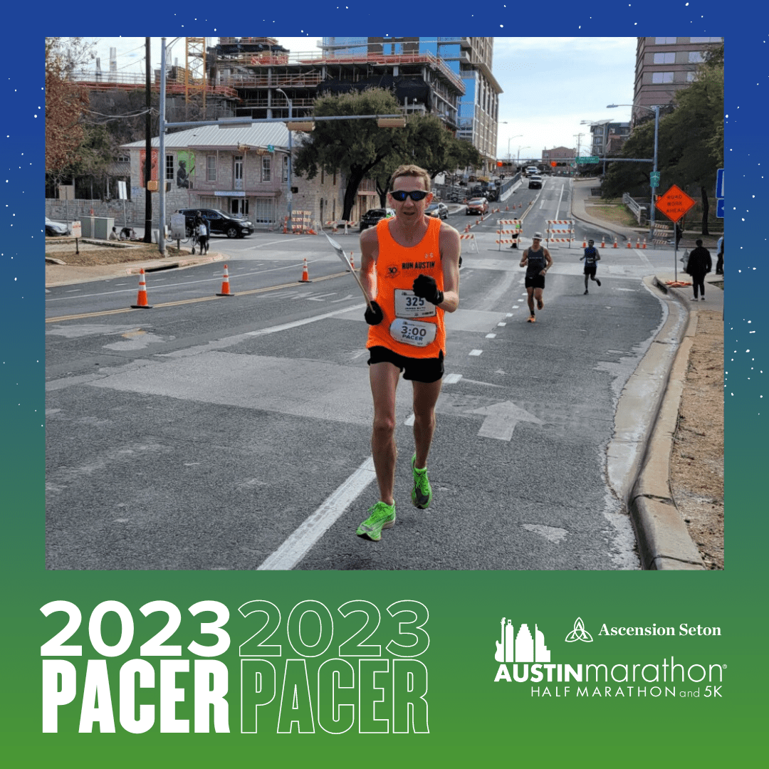 Austin Marathon pacer running on city street Austin Marathon pacer running on city street
