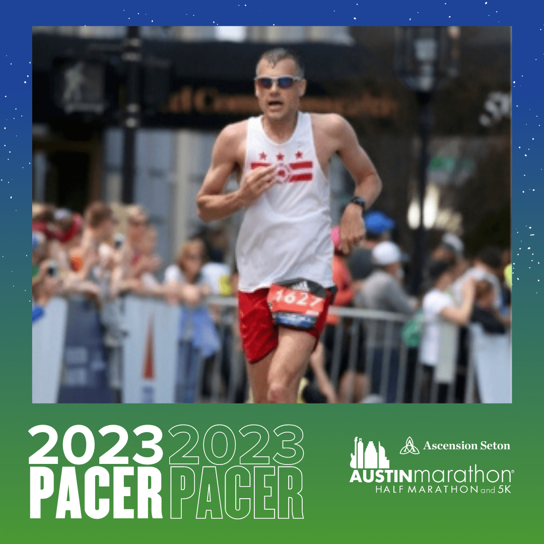 2023 Austin Marathon pacer running through crowd 2023 Austin Marathon pacer running through crowd