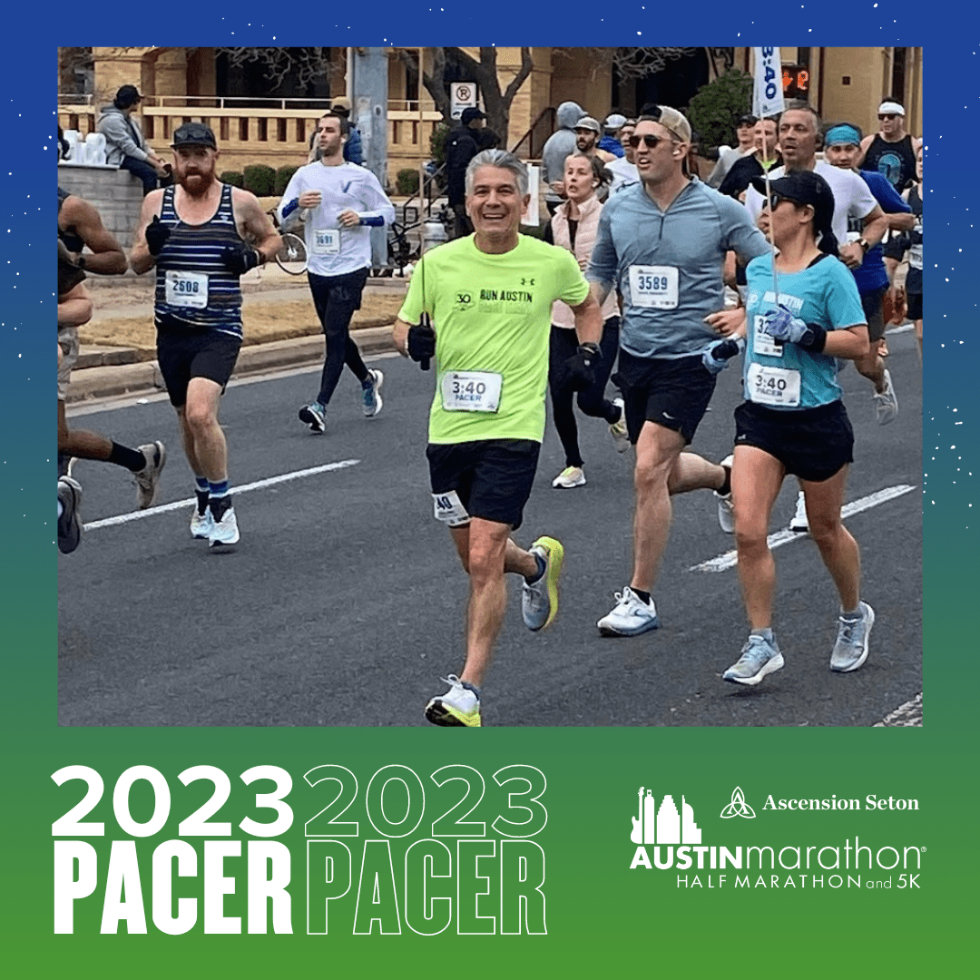 2023 Austin Marathon runners led by pacer 2023 Austin Marathon runners led by pacer