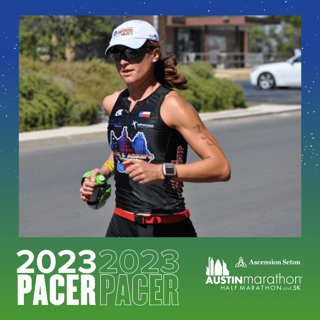 Runner wearing pacer gear at 2023 Austin Marathon Runner wearing pacer gear at 2023 Austin Marathon