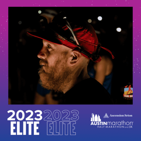 Bearded runner in red cap at Austin Marathon