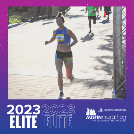 Female runner finishing 2023 Austin Marathon