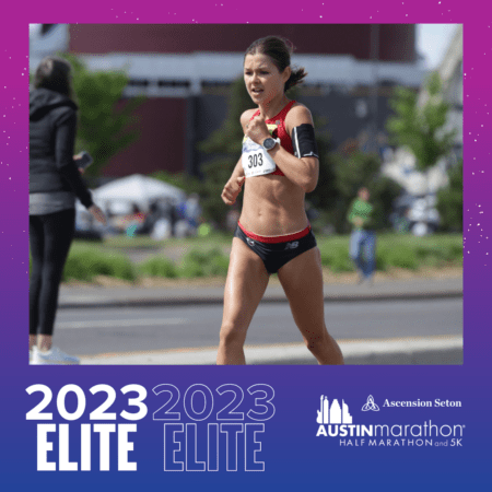 Female runner in red top during race