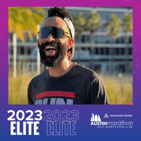 Smiling runner with sunglasses and Austin Marathon branding