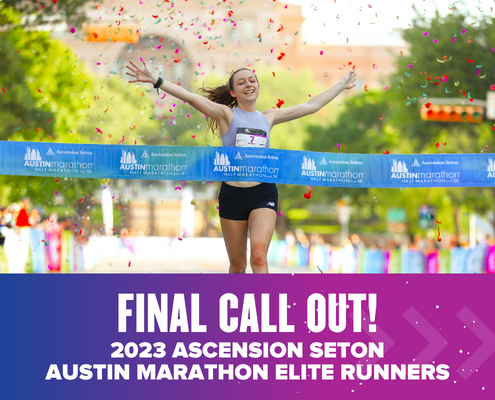 Runner crossing Austin Marathon finish line