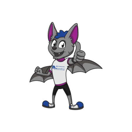 Friendly cartoon bat mascot giving thumbs-up