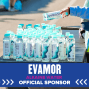 Evamor alkaline water bottles with sponsor banner