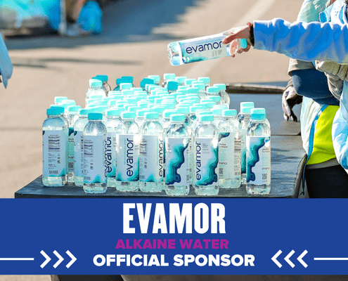 Evamor alkaline water bottles with sponsor banner