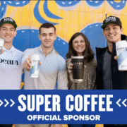Group holding Super Coffee cans and cup