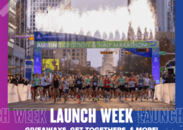 Runners starting under Austin Marathon banner with fireworks