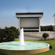 Modern building with circular fountain foreground Modern building with circular fountain foreground