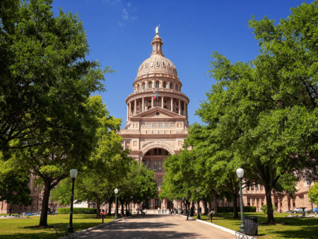 Texas State Capitol building framed by trees Texas State Capitol building framed by trees