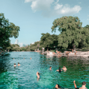 Swimmers enjoying clear green spring with trees