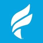 White stylized wing logo on blue background White stylized wing logo on blue background
