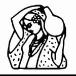 Black-and-white line drawing of woman adjusting scarf Black-and-white line drawing of woman adjusting scarf