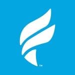 White stylized flame logo on blue background White stylized flame logo on blue background