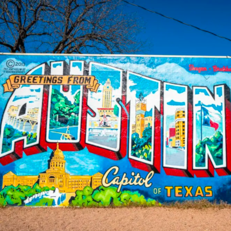 Greetings from Austin" mural featuring Texas Capitol Greetings from Austin" mural featuring Texas Capitol